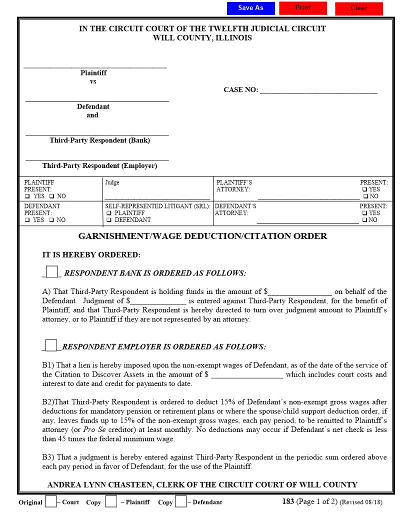 Garnishment Wage Deduction Citation Order {183} | Pdf Fpdf Docx | Illinois