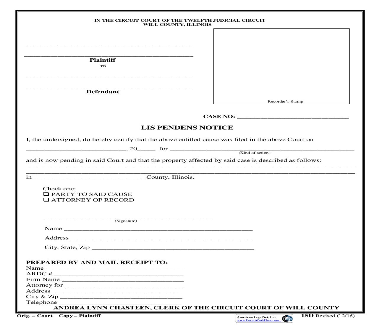 Lis Pendens Notice {15D} | Pdf Fpdf Doc Docx | Illinois