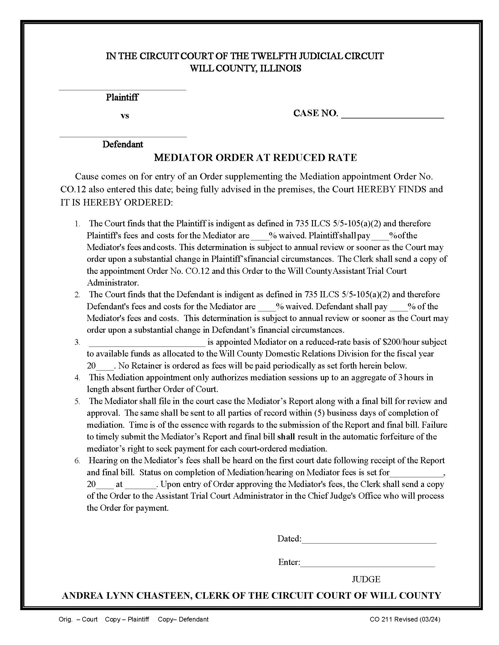 Mediator Order At Reduced Rate {CO 211} | Pdf Fpdf Docx | Illinois