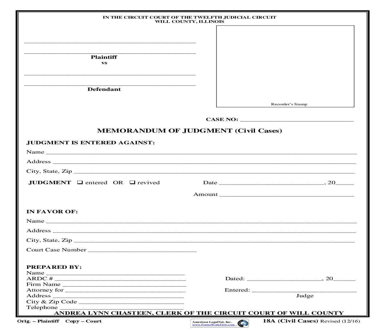 Memorandum Of Judgment (Civil Cases) {18A} | Pdf Fpdf Doc Docx | Illinois