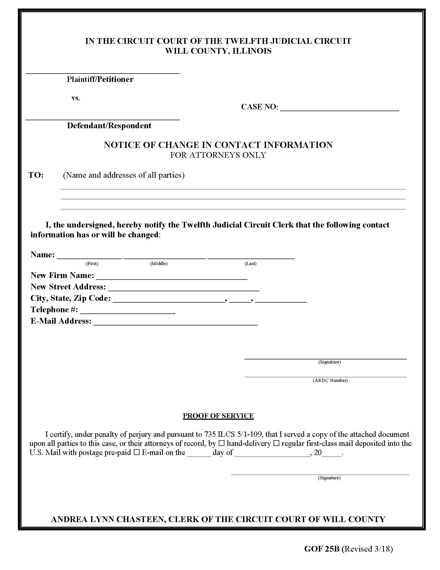 Notice Of Change In Contact Information For Attorneys Only {GOF 25B} | Pdf Fpdf Docx | Illinois