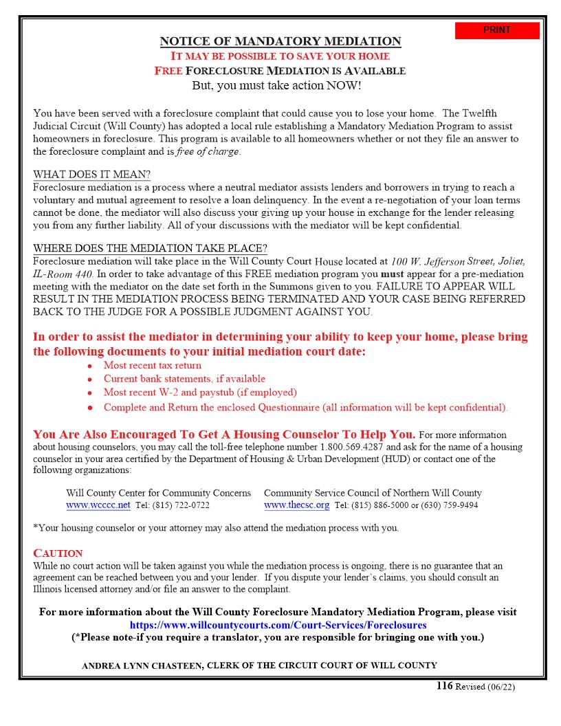 Notice Of Mandatory Mediation {116} | Pdf Fpdf Docx | Illinois