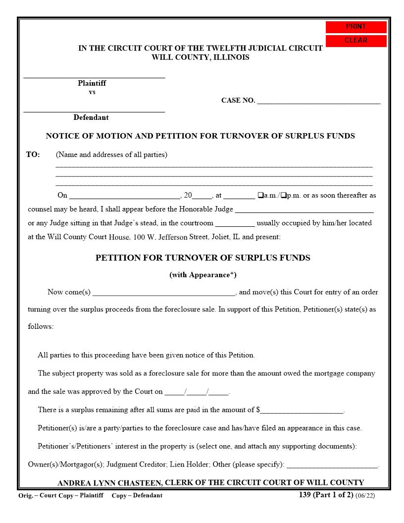 Notice Of Motion And Petition For Turnover Of Surplus Funds {139} | Pdf Fpdf Docx | Illinois