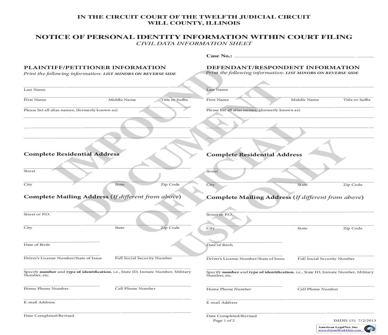 Notice Of Personal Identity Information Within Court Filing {IMDIS 151} | Pdf Fpdf Doc Docx | Illinois