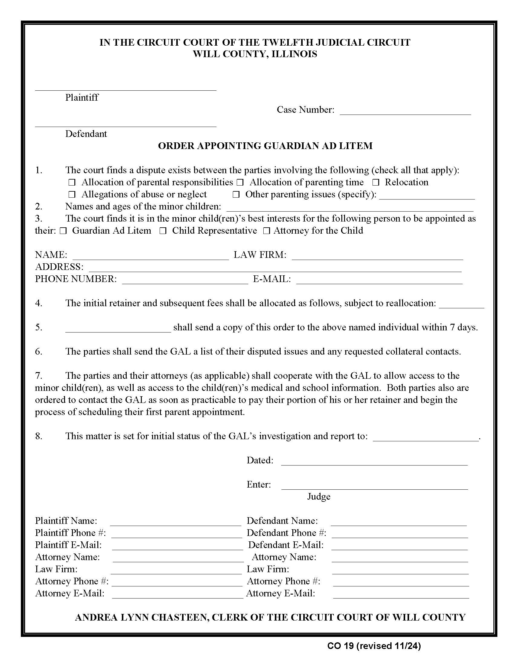 Order Appointing Guardian Ad Litem Childs Representative Attorney For Child {CO 19} | Pdf Fpdf Docx | Illinois