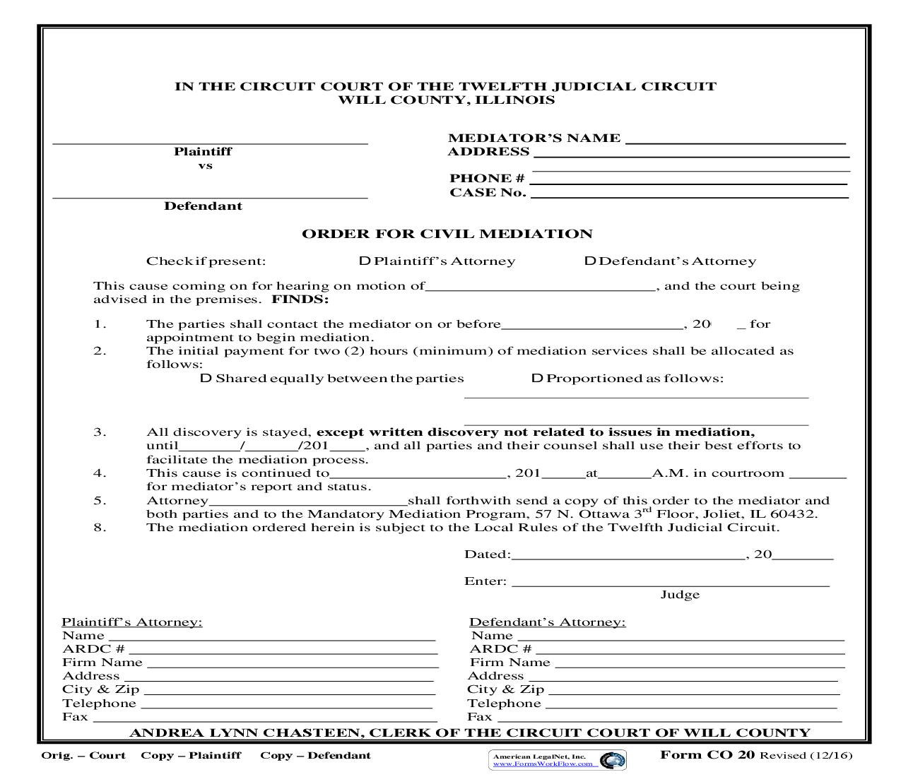 Order For Civil Mediation {CO 20} | Pdf Fpdf Doc Docx | Illinois