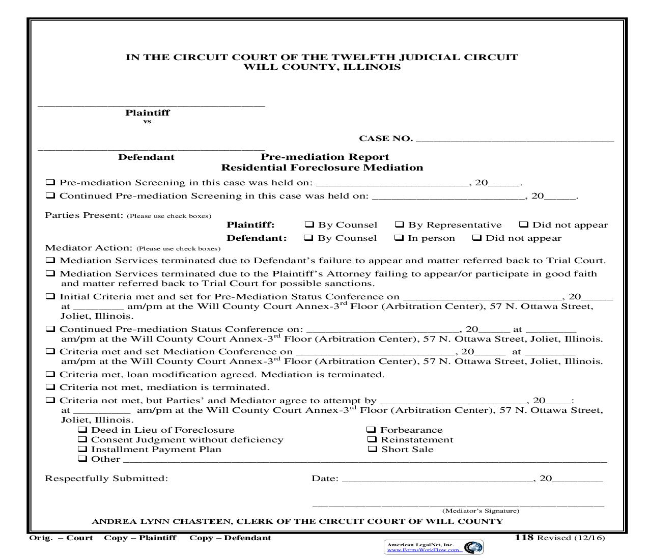 Pre-Mediation Report Residential Foreclosure Mediation {118} | Pdf Fpdf Doc Docx | Illinois