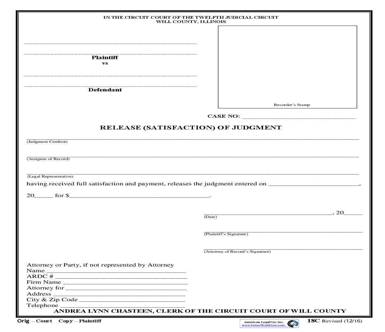 Release (Satisfaction) Of Judgment {18C} | Pdf Fpdf Doc Docx | Illinois