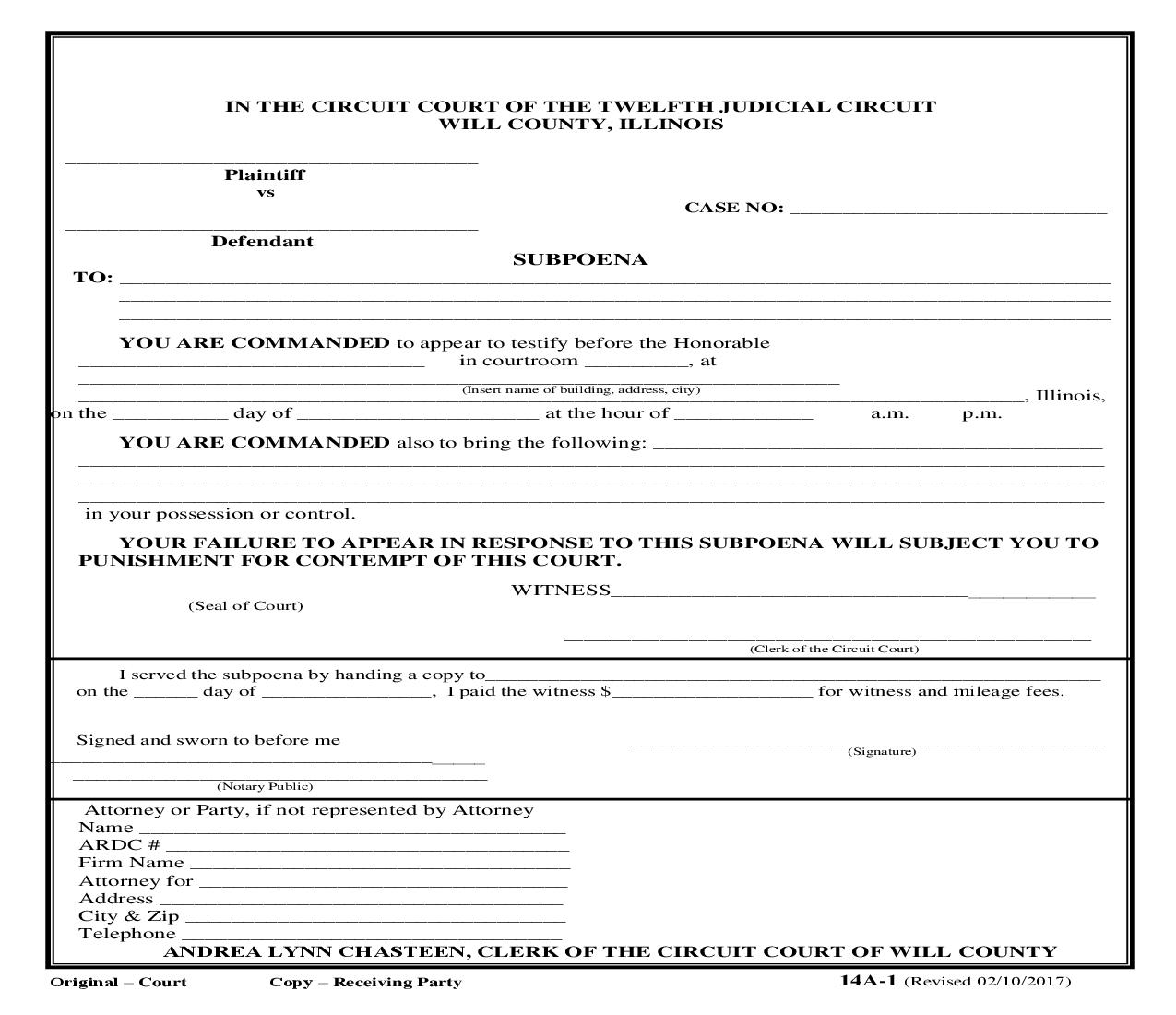 Subpoena {14A-1} | Pdf Fpdf Doc Docx | Illinois