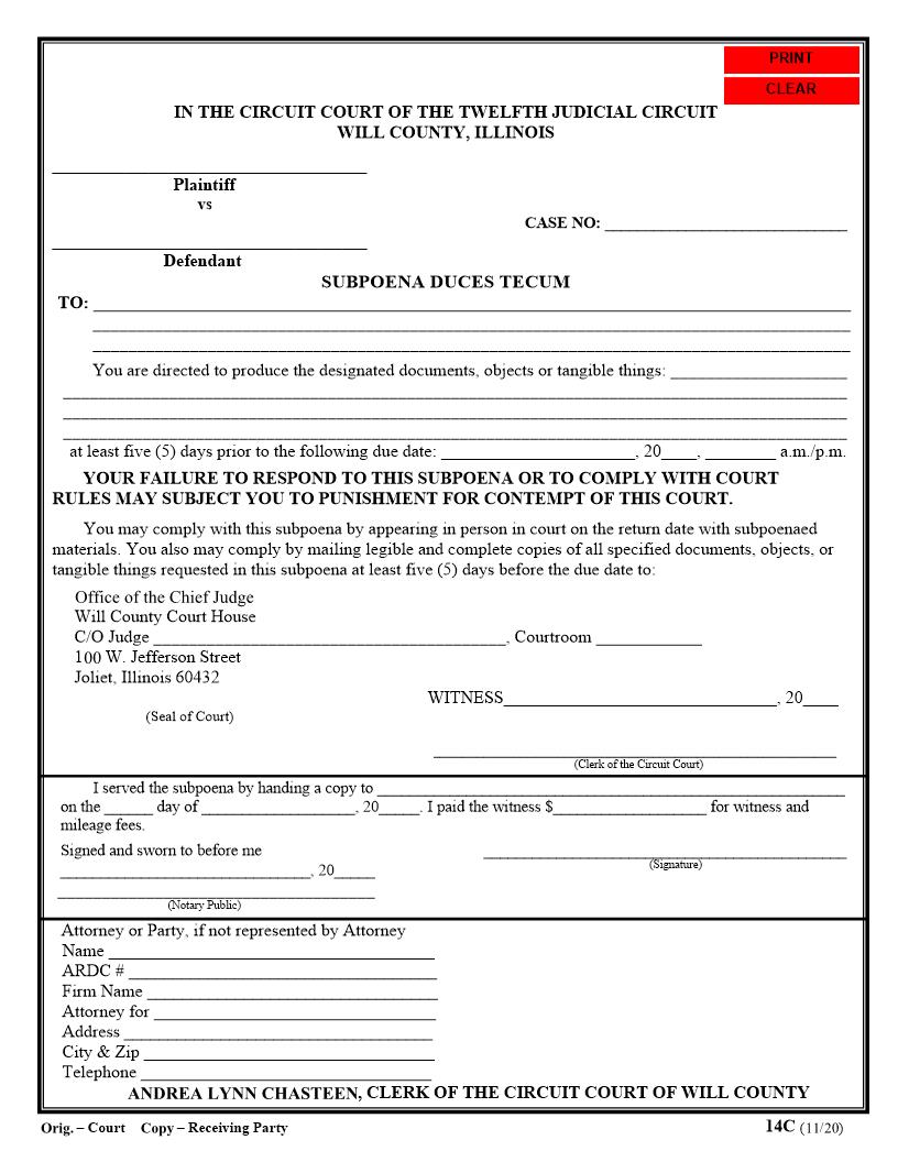 Subpoena Duces Tecum {14C} | Pdf Fpdf Doc Docx | Illinois