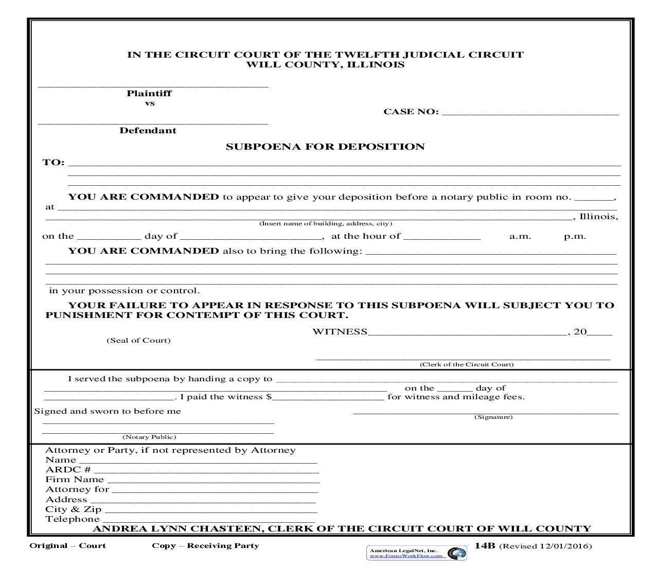 Subpoena For Deposition {14B} | Pdf Fpdf Doc Docx | Illinois