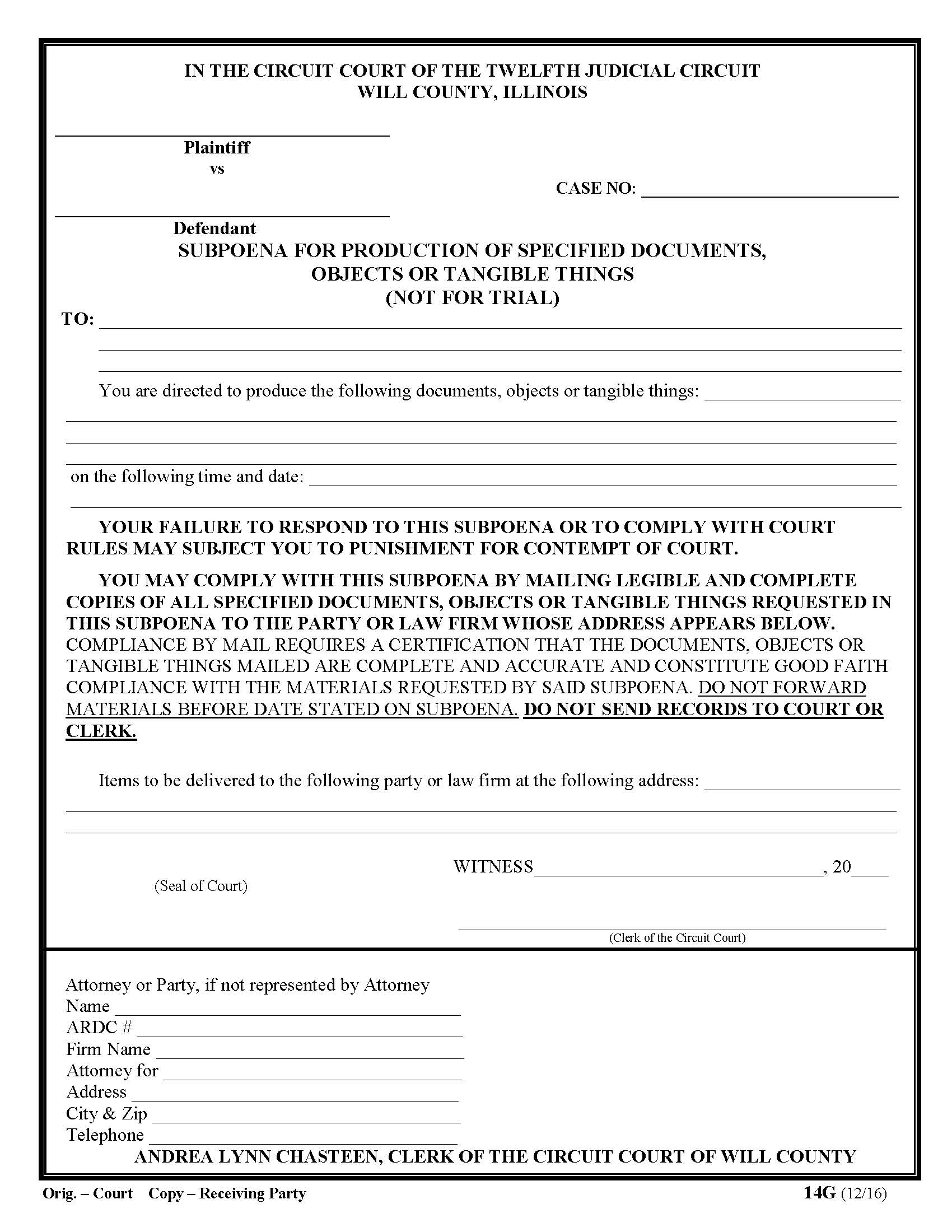 Subpoena For Production Of Documents Objects Tangible Things (Not For Trial) {14G} | Pdf Fpdf Docx | Illinois