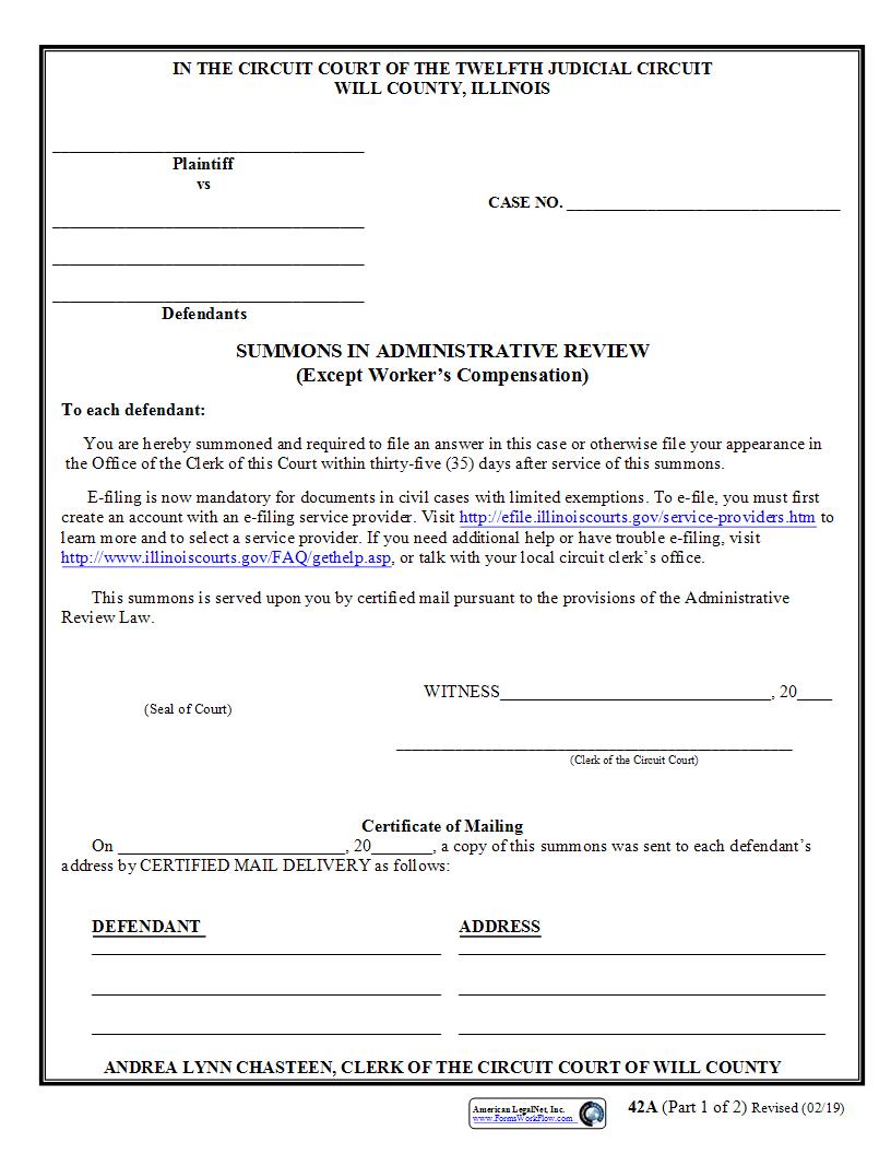 Summons In Administrative Review {42A} | Pdf Fpdf Docx | Illinois