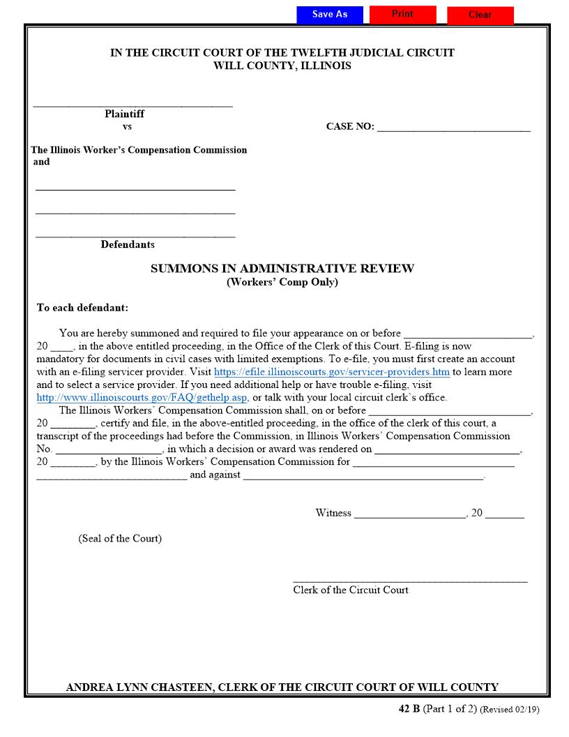Summons In Administrative Review (Workers Comp Only) {42B} | Pdf Fpdf Docx | Illinois