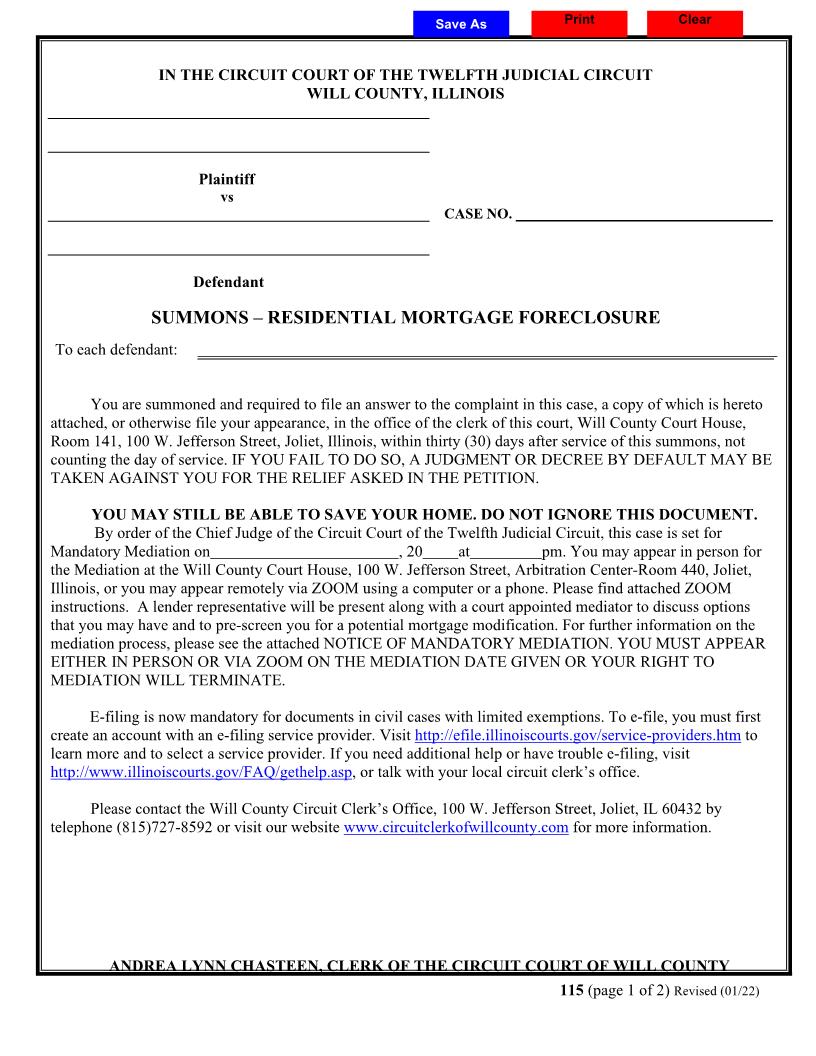 Summons Residential Mortgage Foreclosure {115} | Pdf Fpdf Docx | Illinois