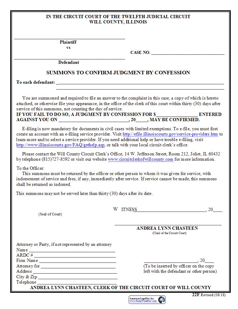 Summons To Confirm Judgment By Confession {22F} | Pdf Fpdf Docx | Illinois