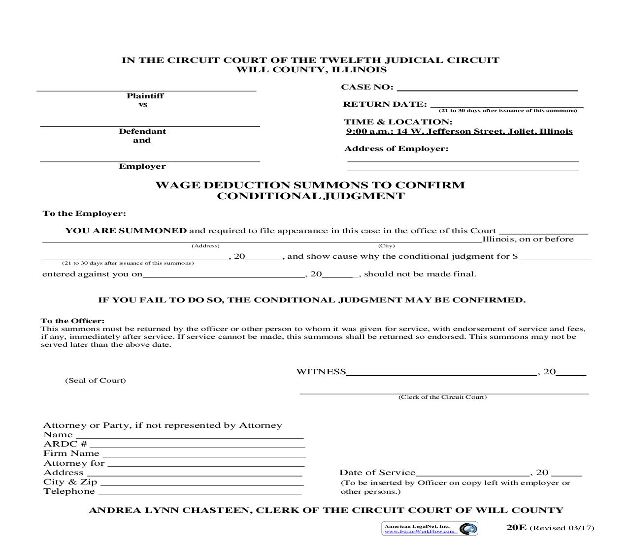 Wage Deduction Summons To Confirm Conditional Judgment {20E} | Pdf Fpdf Doc Docx | Illinois