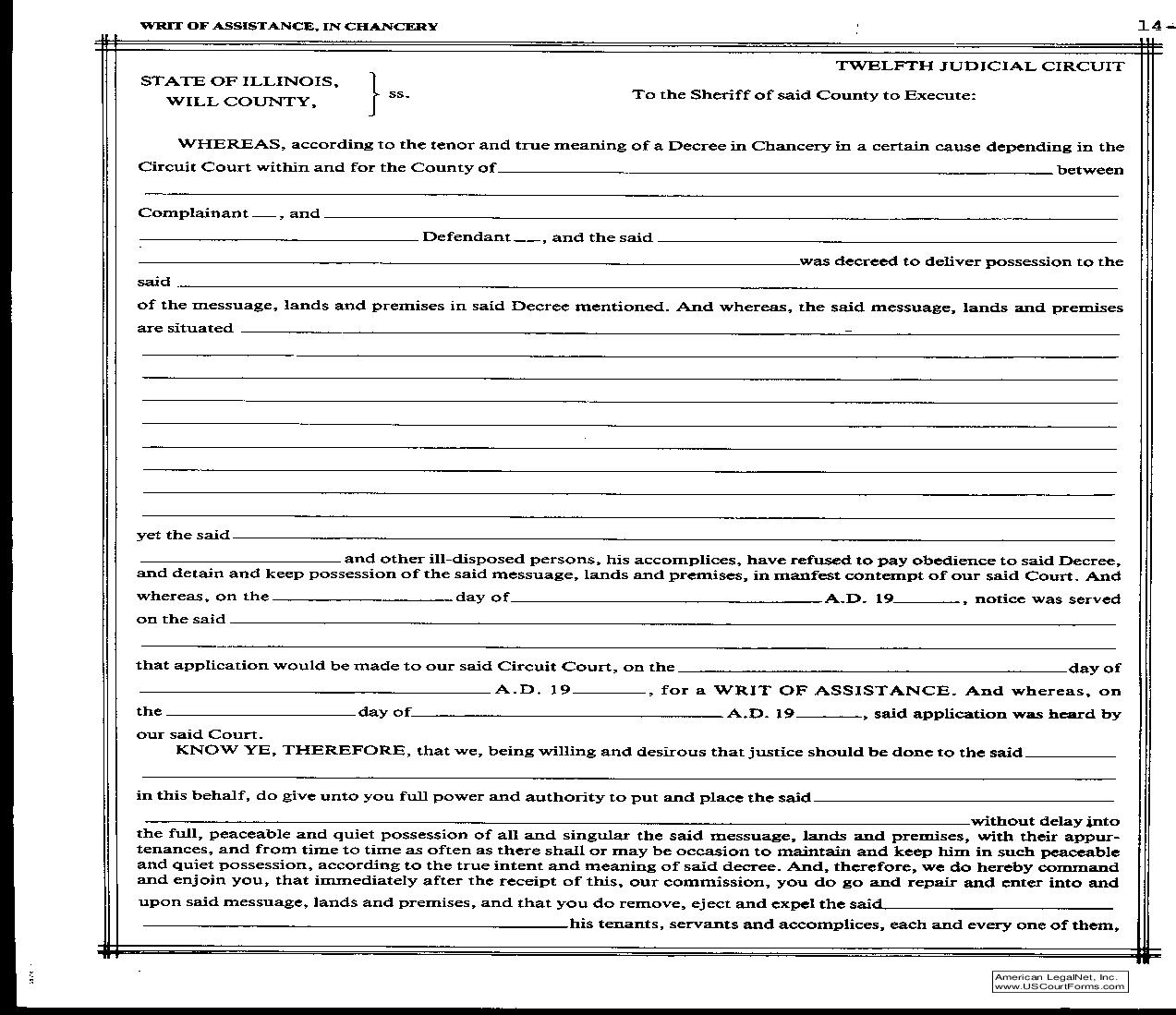 Writ Of Assistance (In Chancery) {14E} | Pdf Fpdf Doc Docx | Illinois