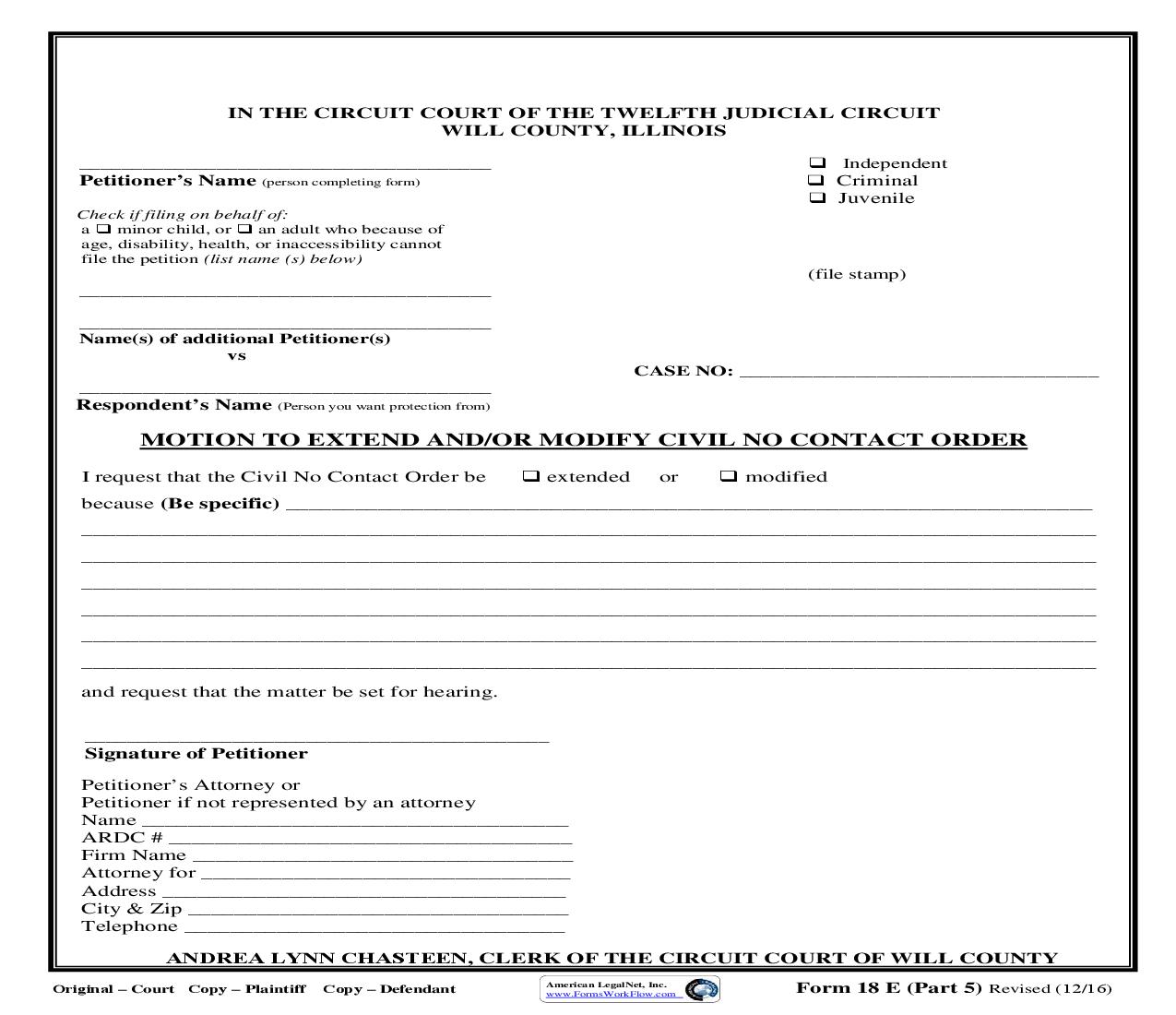 Motion To Extend And-Or Modify Civil No Contact Order {18E-5} | Pdf Fpdf Doc Docx | Illinois
