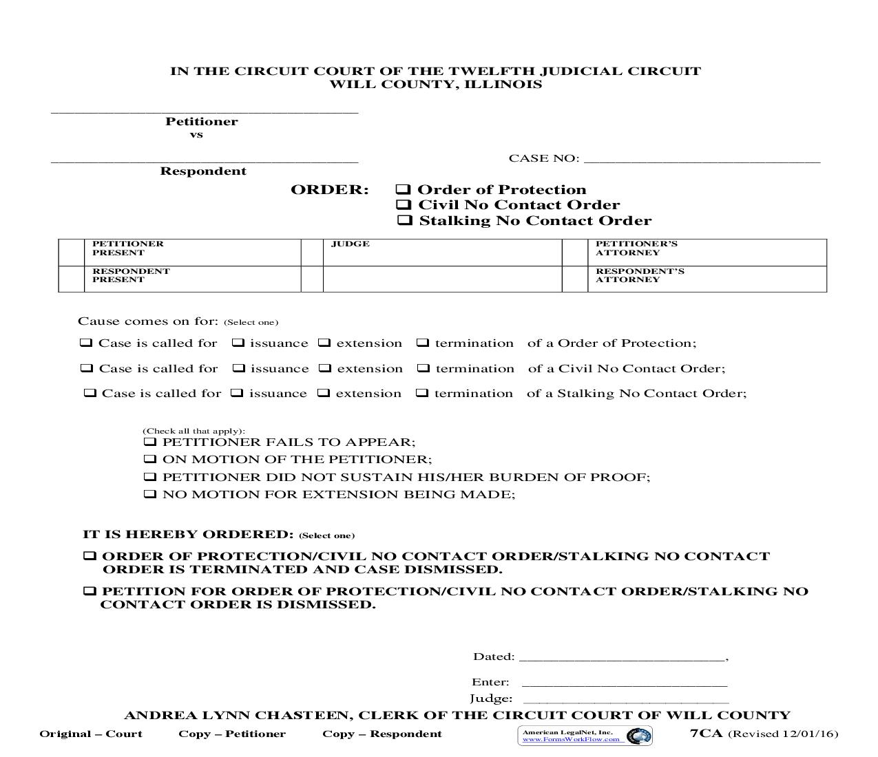 Order (Order Of Protection Or Civil No Contact Order Dismissal) {7CA} | Pdf Fpdf Doc Docx | Illinois