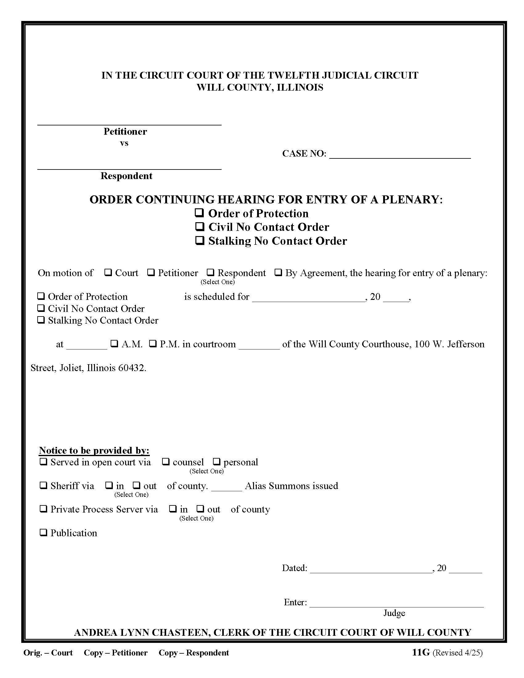 Order Continuing Hearing For Entry Of Order Of Protection Or No Contact Order {11G} | Pdf Fpdf Doc Docx | Illinois