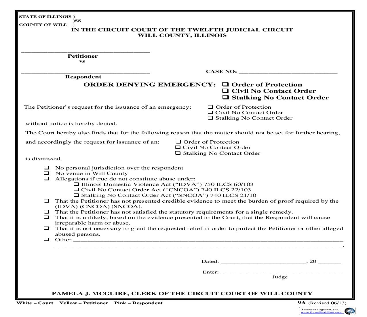 Order Denying Emergency Order Of Protection Or Civil No Contact Order {9A} | Pdf Fpdf Doc Docx | Illinois