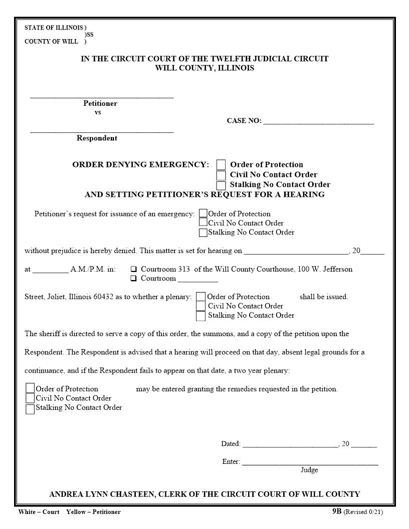 Order Denying Emergency Order Of Protection-No Contact Order - Setting Hearing {9B} | Pdf Fpdf Doc Docx | Illinois