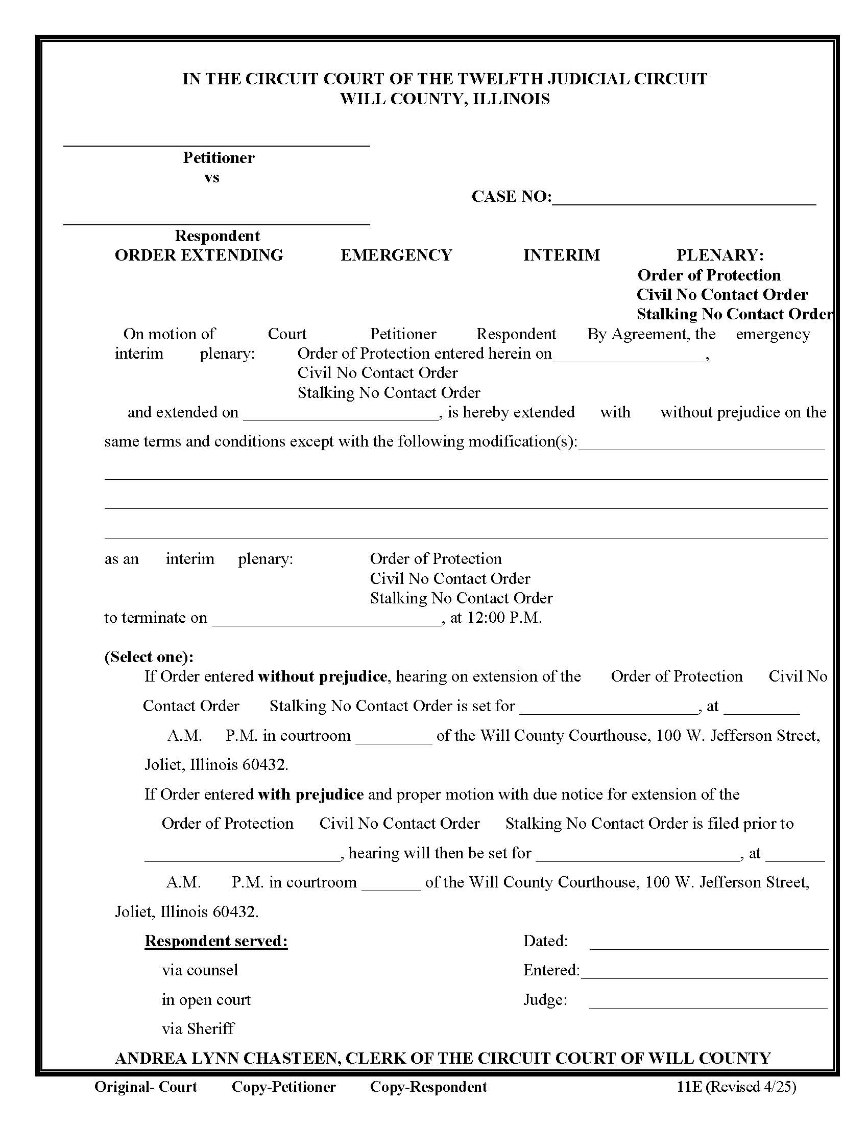 Order Extending Emergency Interim Or Plenary Order Of Protection Or Civil No Contact Order {11E} | Pdf Fpdf Doc Docx | Illinois