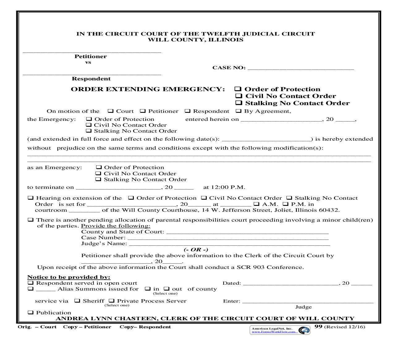 Order Extending Emergency Order Of Protection Or Civil No Contact Order {99} | Pdf Fpdf Doc Docx | Illinois