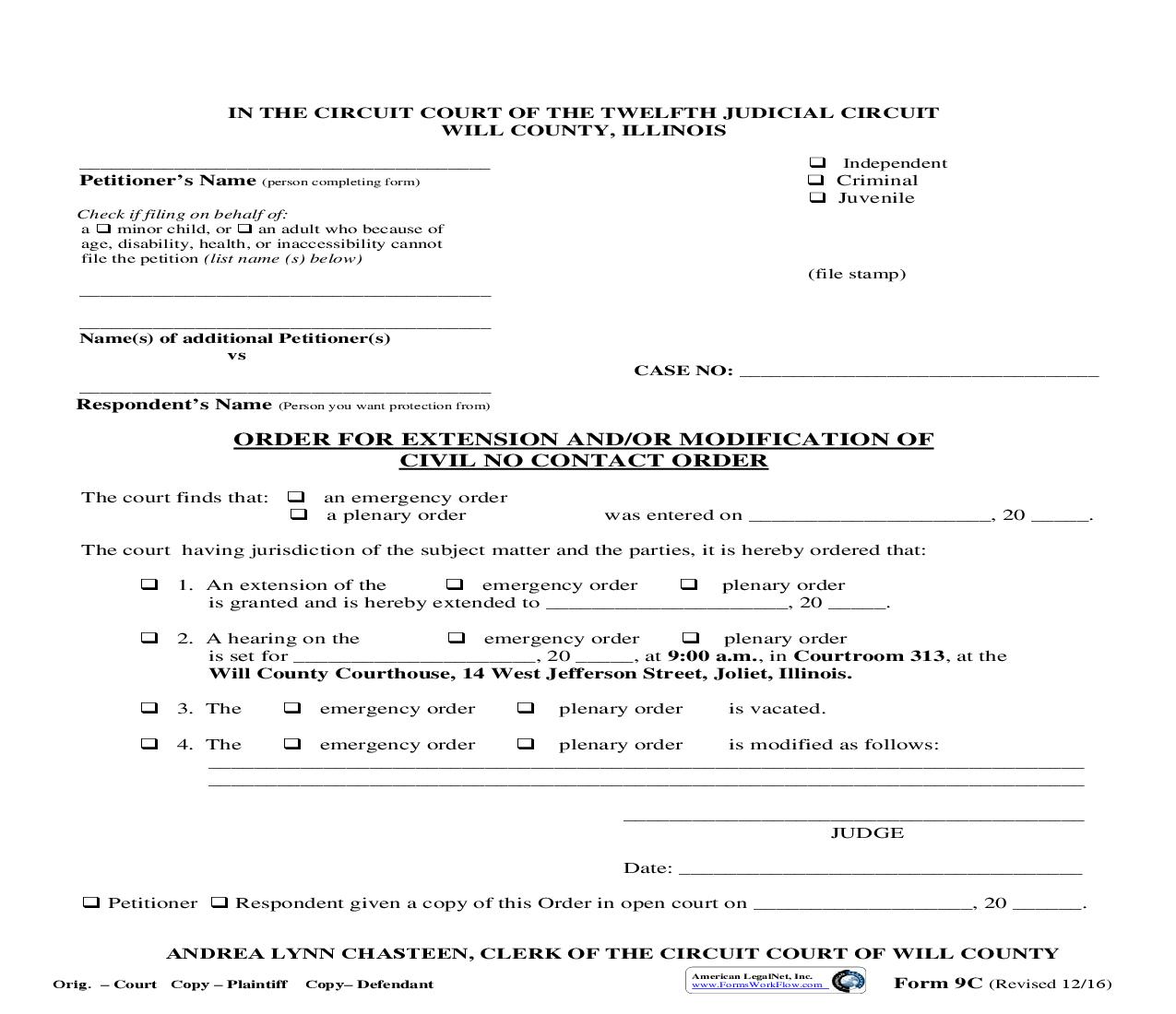 Order For Extension And-Or Modification Of Civil No Contact Order {9C} | Pdf Fpdf Doc Docx | Illinois