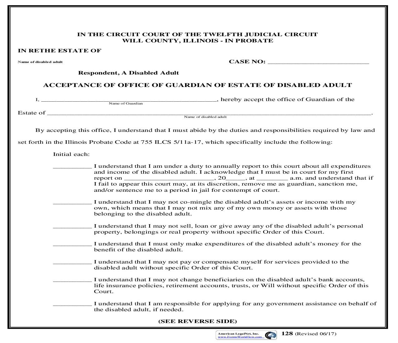 Acceptance Of Office Of Guardian Of Estate Of Disabled Adult {128} | Pdf Fpdf Doc Docx | Illinois