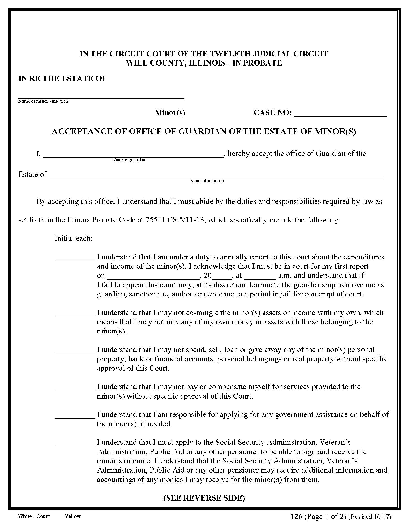Acceptance Of Office Of Guardian Of Estate Of Minor(s) {126} | Pdf Fpdf Doc Docx | Illinois