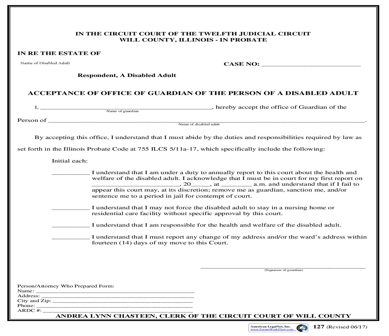 Acceptance Of Office Of Guardian Of Person Of Disabled Adult {127} | Pdf Fpdf Doc Docx | Illinois