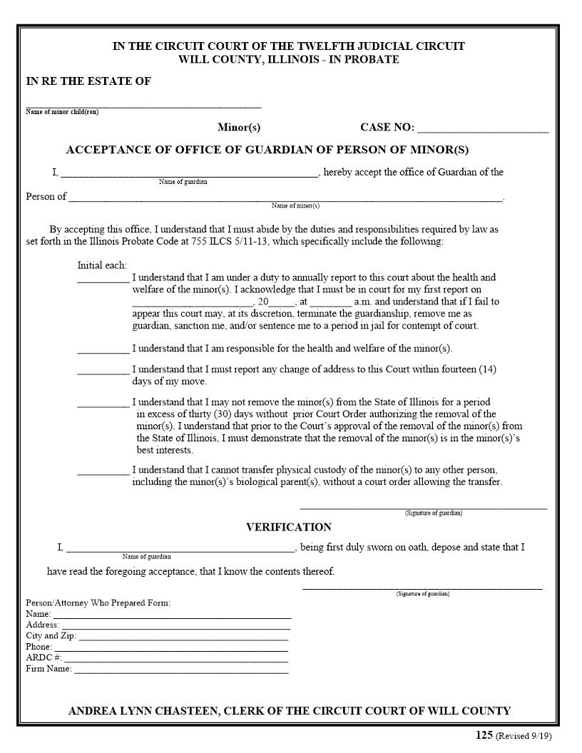 Acceptance Of Office Of Guardian Of Person Of Minor(s) {125} | Pdf Fpdf Doc Docx | Illinois