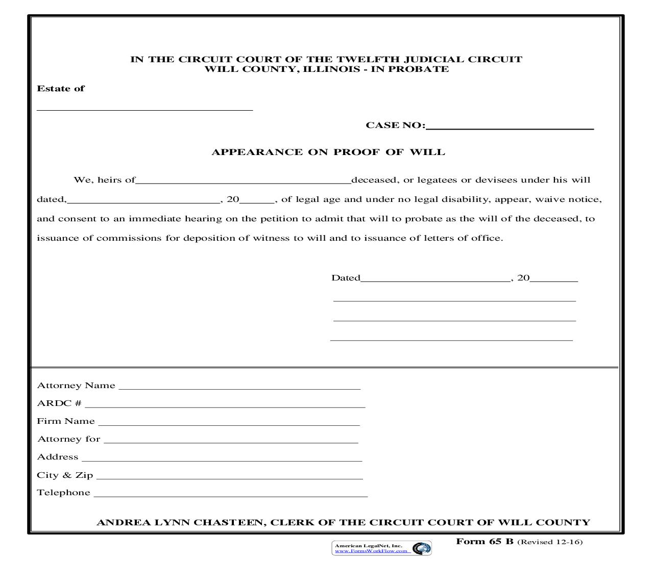 Appearance On Proof Of Will {65B} | Pdf Fpdf Doc Docx | Illinois
