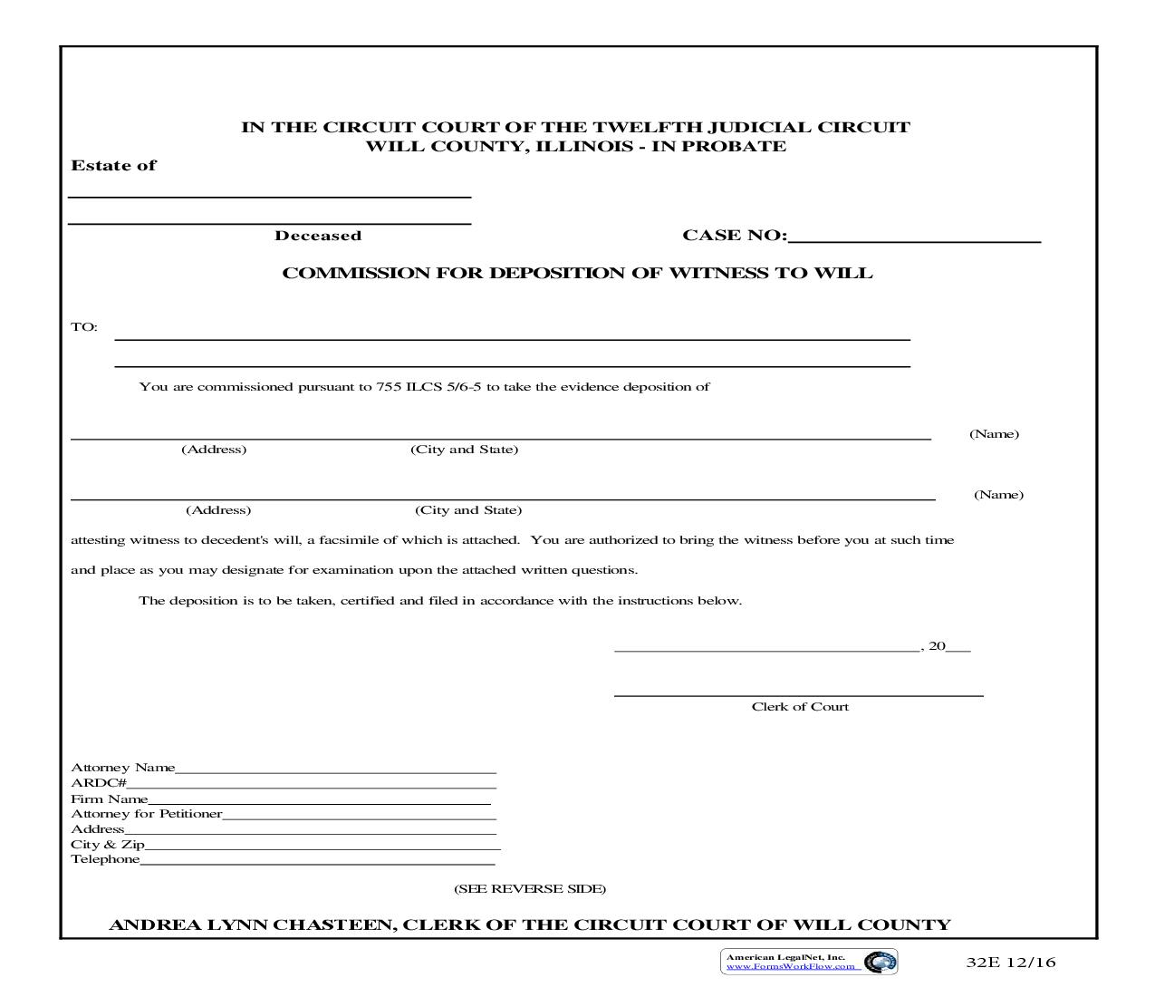 Commission For Deposition Of Witness To Will {32E} | Pdf Fpdf Doc Docx | Illinois