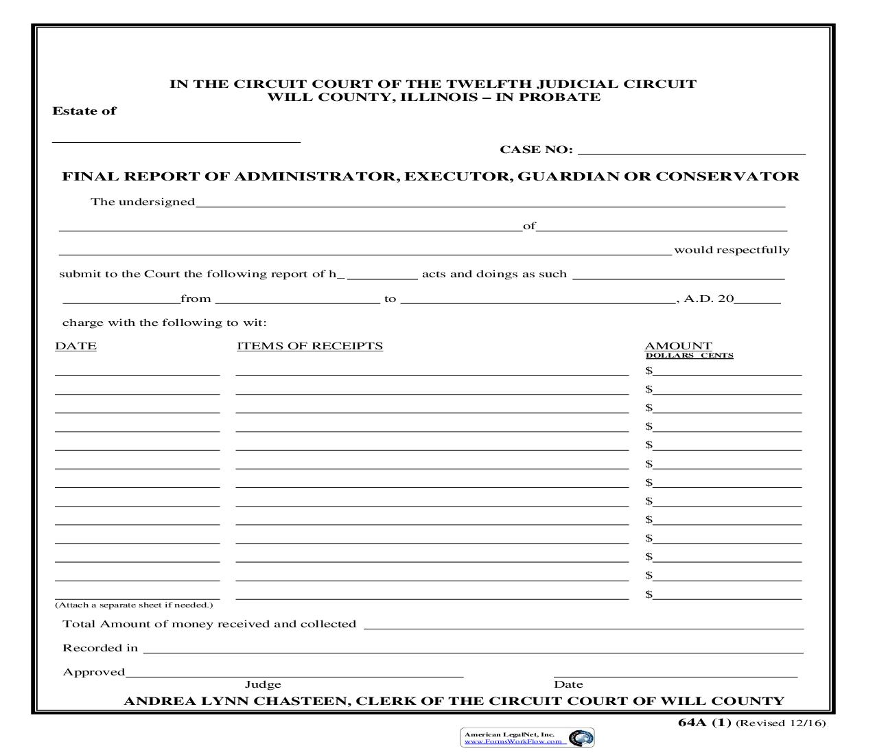 Final Report Of Administrator Executor Guardian Or Conservator {64A} | Pdf Fpdf Doc Docx | Illinois