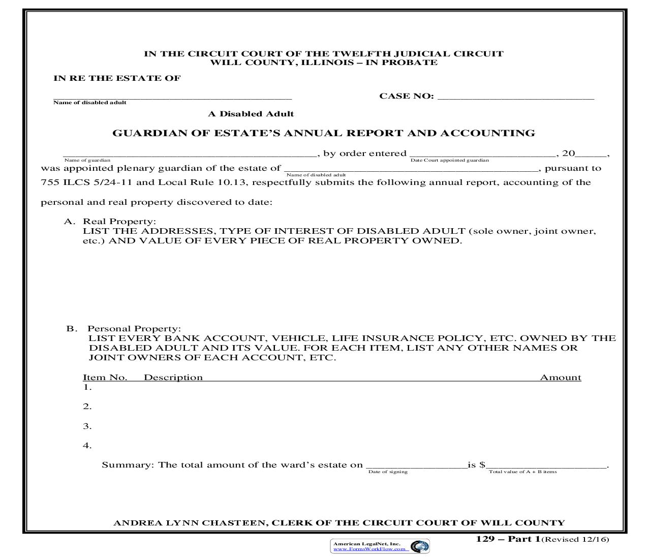 Guardian Of Estates Annual Report And Accounting {129} | Pdf Fpdf Doc Docx | Illinois