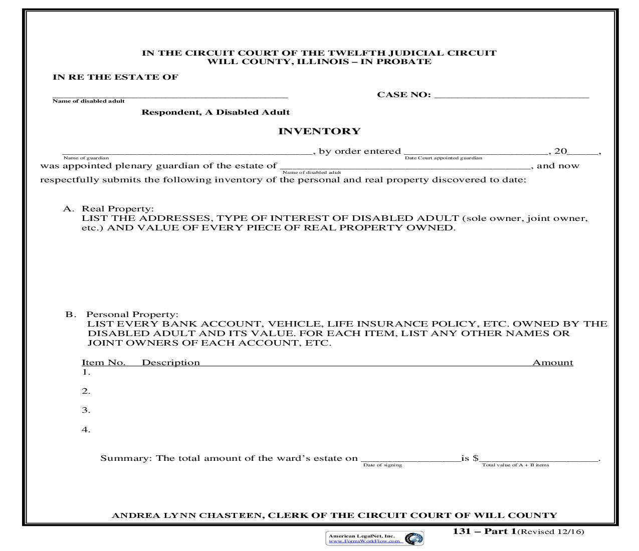 Inventory (Estate Of Disabled Adult) {131} | Pdf Fpdf Doc Docx | Illinois