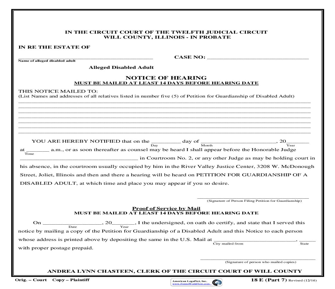 Notice Of Hearing (On Petition For Guardianship Of Alleged Disabled Adult) {18E Part 7} | Pdf Fpdf Doc Docx | Illinois