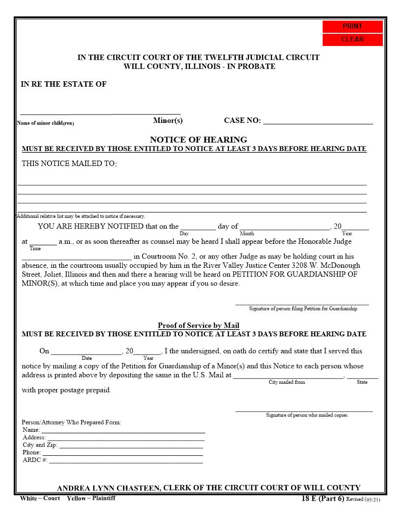 Notice Of Hearing (On Petition For Guardianship Of Minor) {18E Part 6} | Pdf Fpdf Doc Docx | Illinois