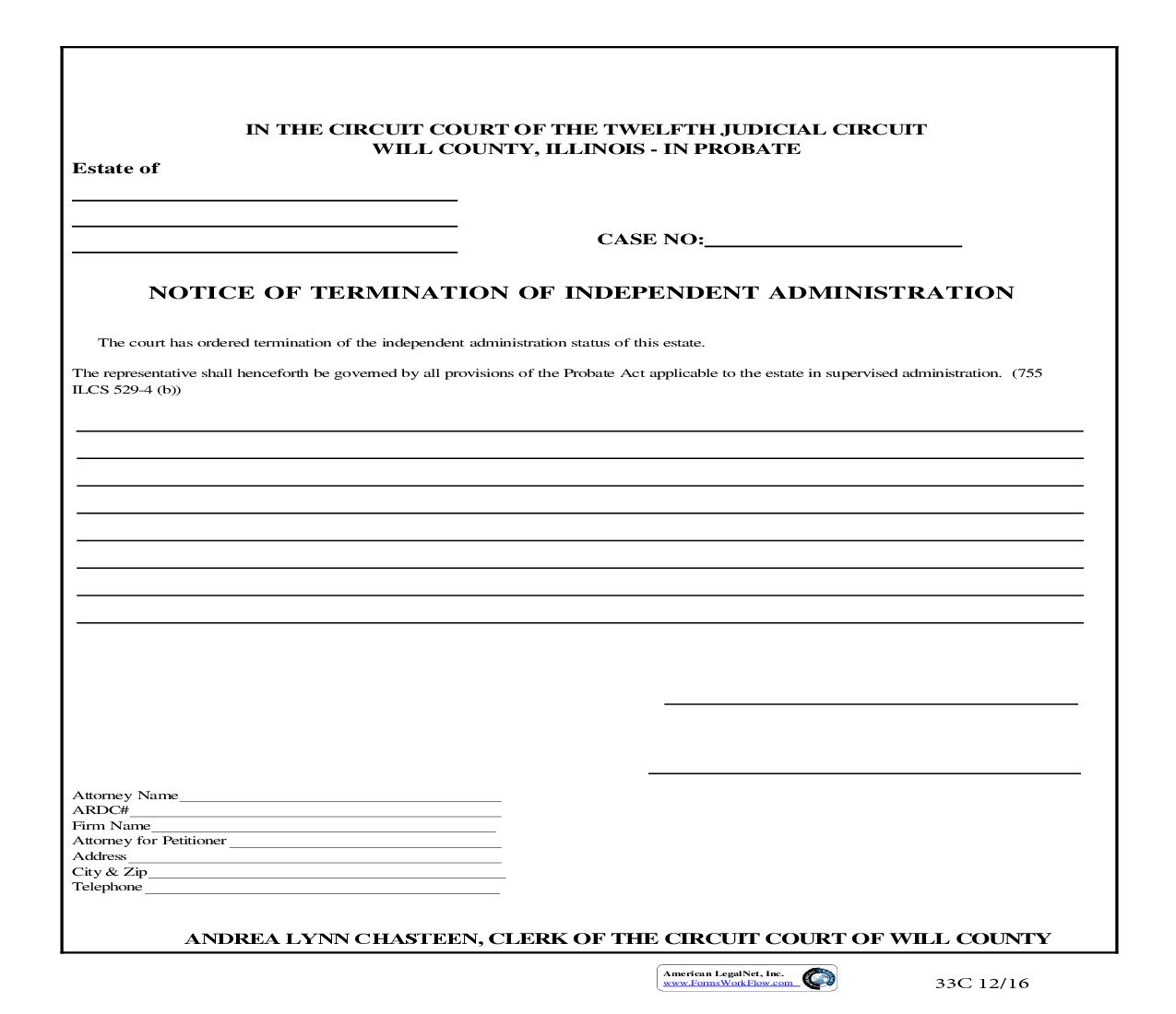 Notice Of Termination Of Independent Administration {33C} | Pdf Fpdf Doc Docx | Illinois