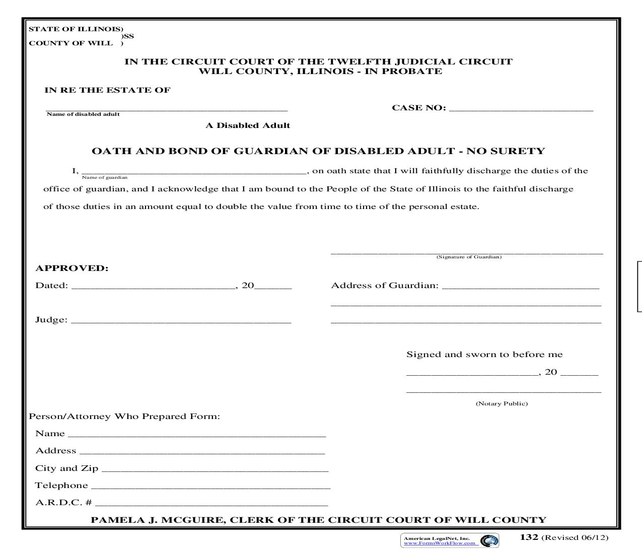 Oath And Bond Guardian Of Disabled Adult - No Surety {132} | Pdf Fpdf Doc Docx | Illinois