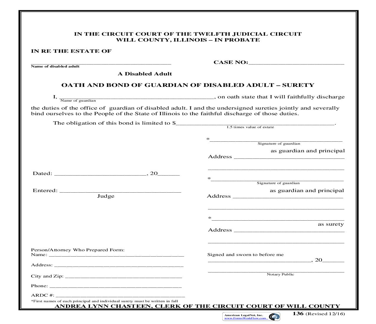 Oath And Bond Guardian Of Disabled Adult - Surety {136} | Pdf Fpdf Doc Docx | Illinois