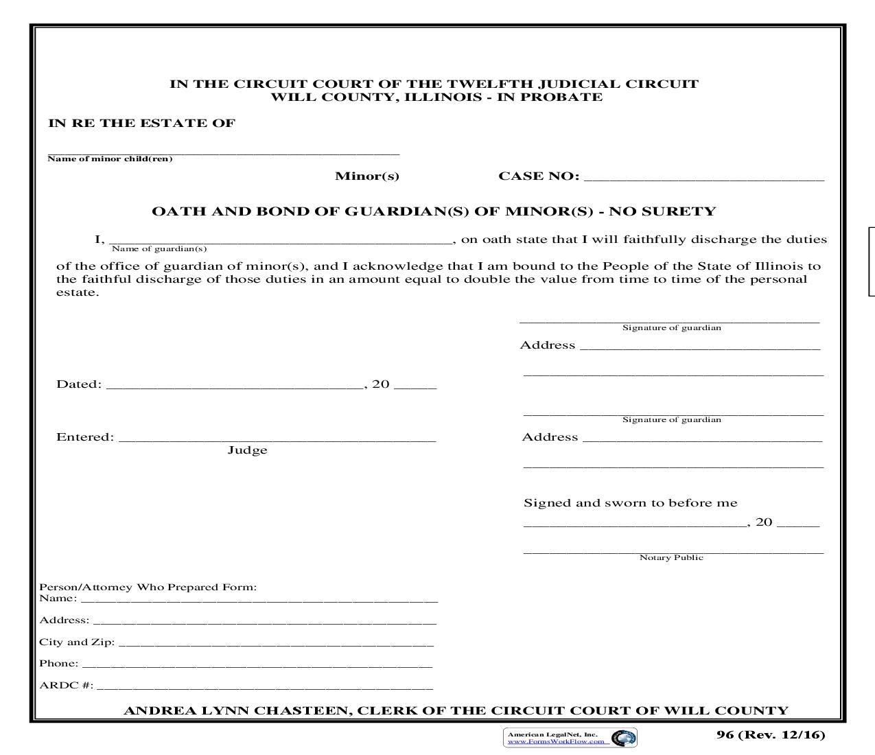 Oath And Bond Of Guardian(s) Of Minor(s) - No Surety {96} | Pdf Fpdf Doc Docx | Illinois
