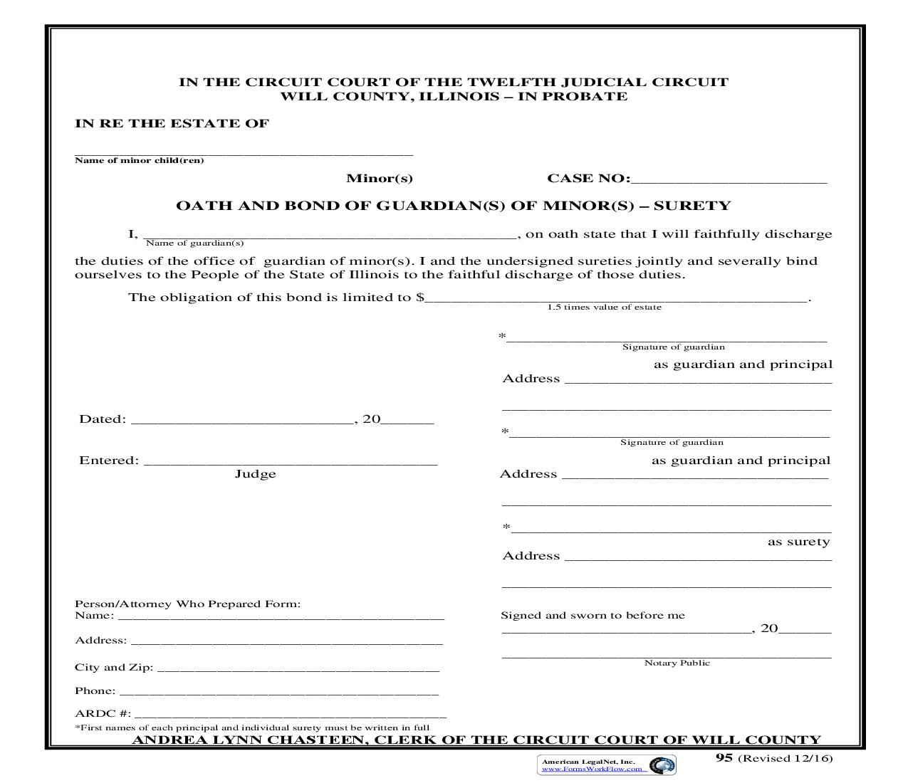 Oath And Bond Of Guardian(s) Of Minor(s) - Surety {95} | Pdf Fpdf Doc Docx | Illinois