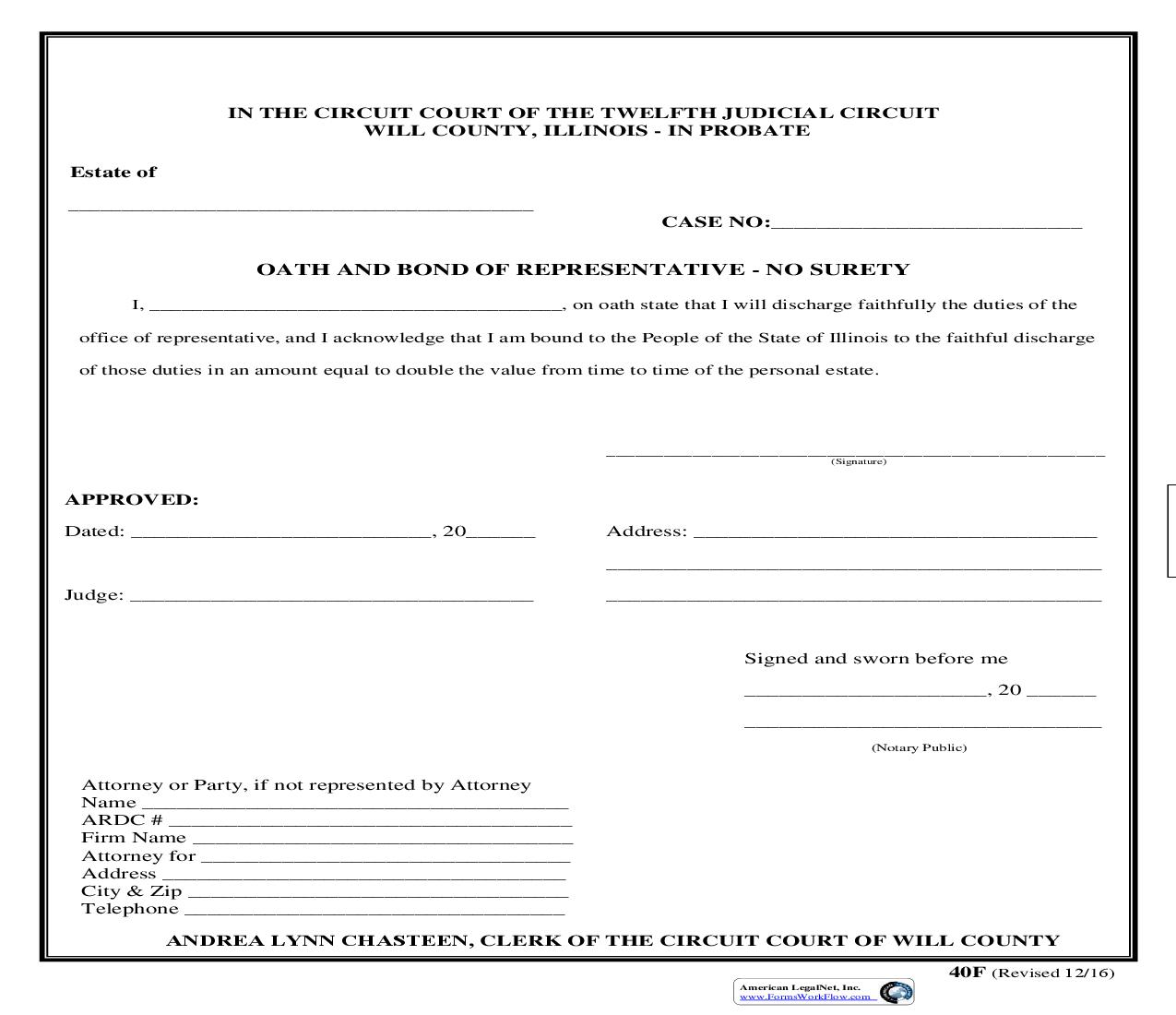 Oath And Bond Of Representative-No Surety {40F} | Pdf Fpdf Doc Docx | Illinois