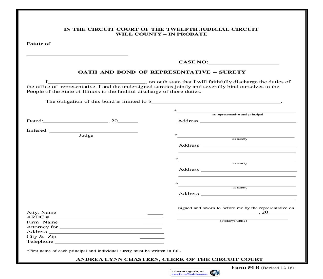 Oath And Bond Of Representative-Surety {54B} | Pdf Fpdf Doc Docx | Illinois