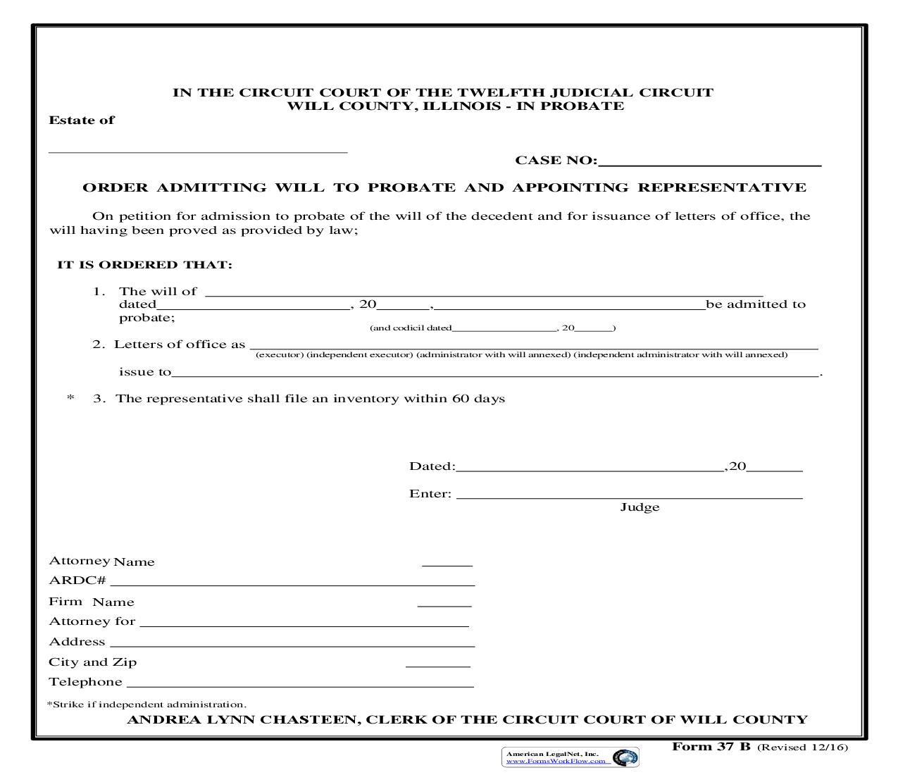 Order Admitting Will To Probate And Appointing Representative {37B} | Pdf Fpdf Doc Docx | Illinois