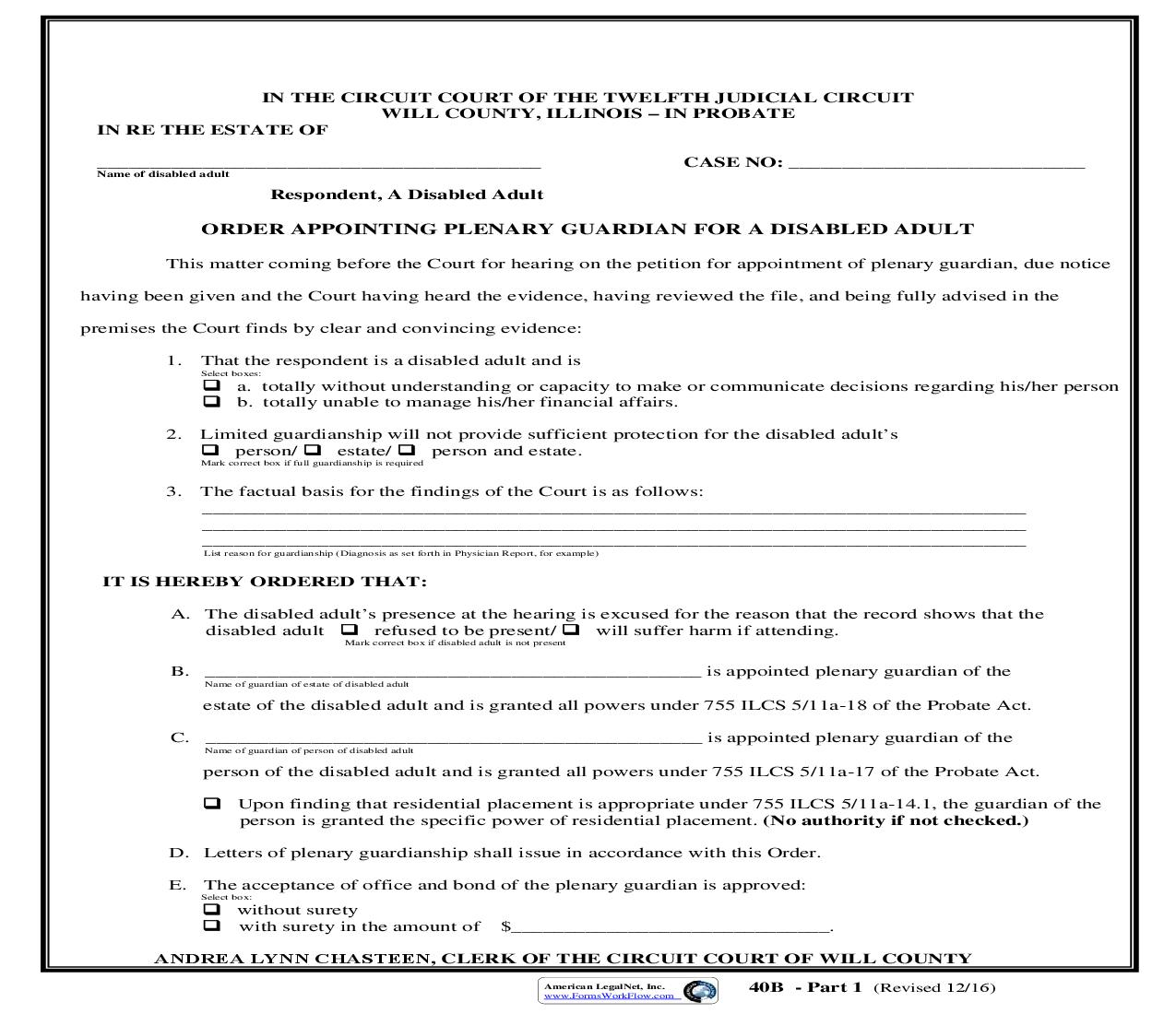 Order Appointing Plenary Guardian For Disabled Person {40B} | Pdf Fpdf Doc Docx | Illinois